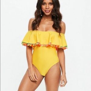 🏝 Missguided Yellow Bardot Pom Pom Swim